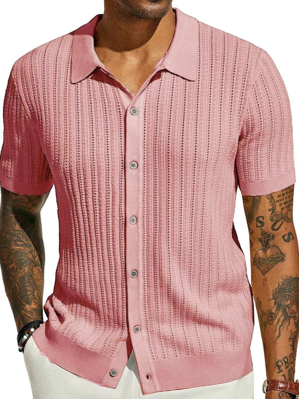 Men's Full Size Openwork Button Down Collared Neck Shirt Plus Size - Trendsi - Flyclothing LLC