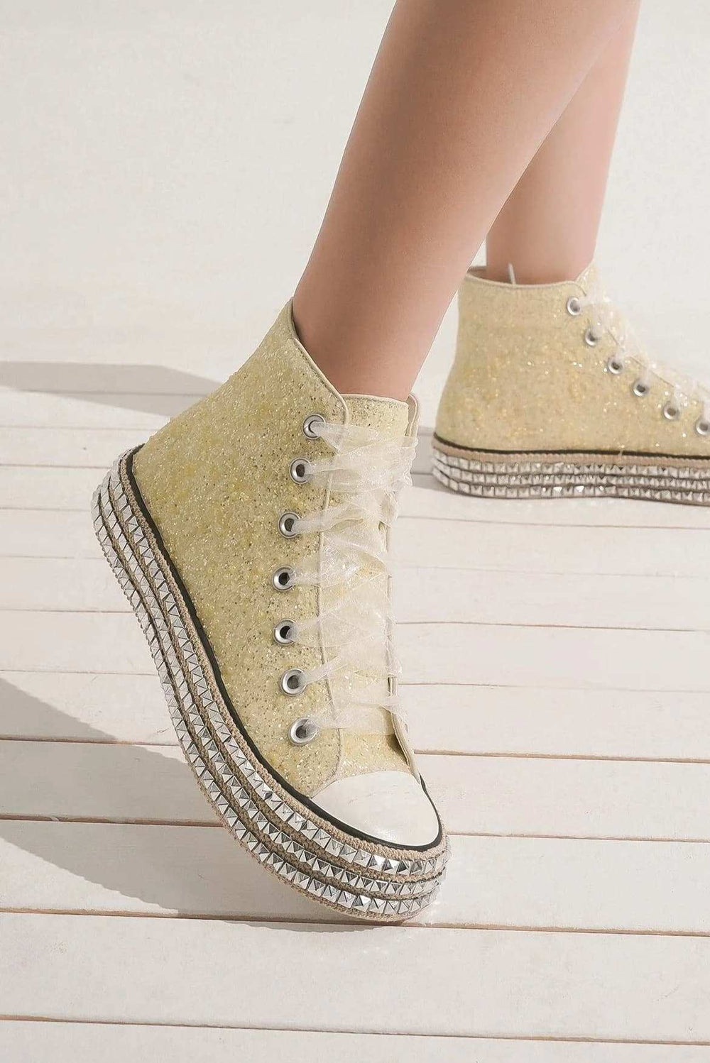 Beast Fashion Glitter Lace-Up Studded Platform Sneakers - Trendsi - Flyclothing LLC