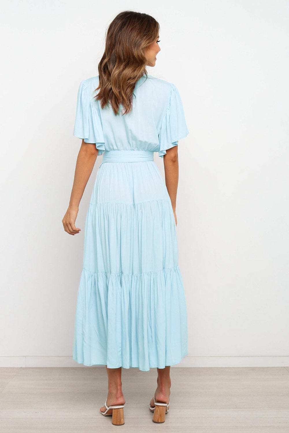Tied Back Tiered Short Sleeve Midi Dress - Trendsi - Flyclothing LLC