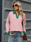 Striped Johnny Collar Long Sleeve Sweatshirt - Trendsi - Flyclothing LLC