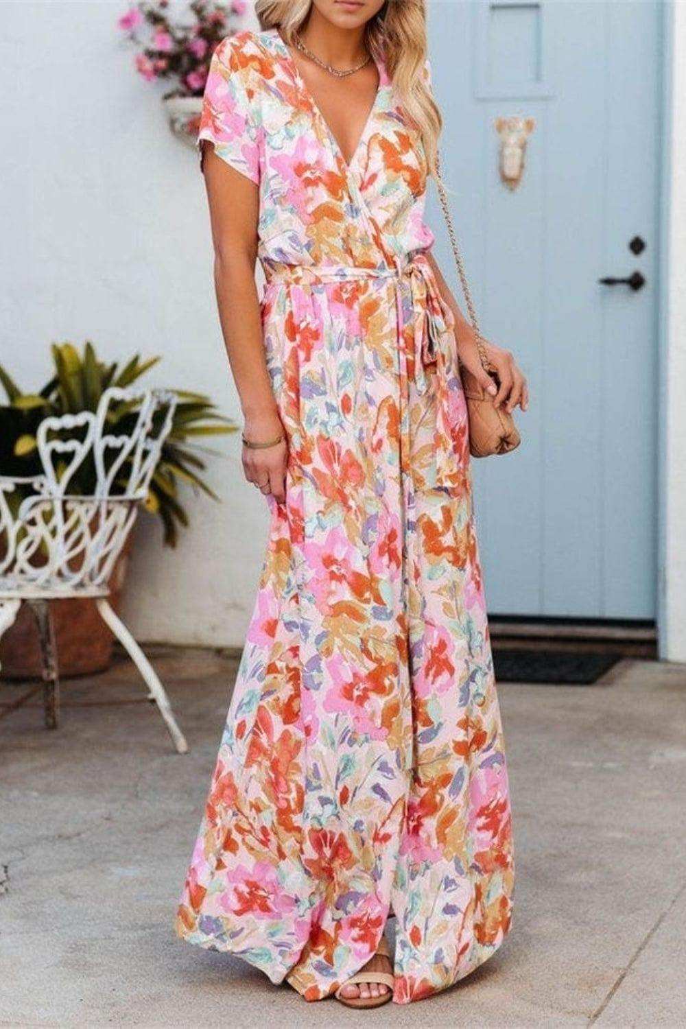 Printed Surplice Short Sleeve Tie Waist Maxi Dress - Trendsi - Flyclothing LLC