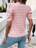 Striped Round Neck Puff Sleeve Knit Top - Trendsi - Flyclothing LLC