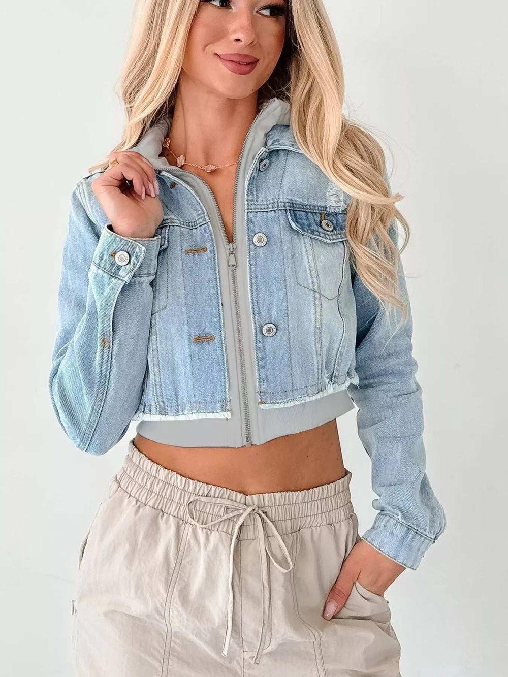 Distressed Zip Up Cropped Hooded Denim Jacket - Trendsi - Flyclothing LLC