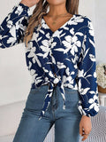 Printed V-Neck Long Sleeve Blouse - Trendsi - Flyclothing LLC