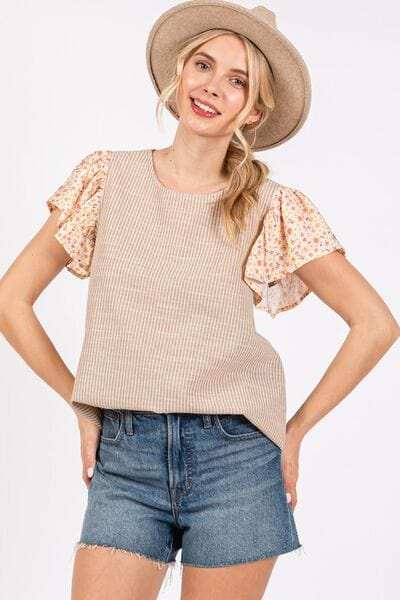 Ces Femme Round Neck Floral Short Sleeve Top - Trendsi - Flyclothing LLC