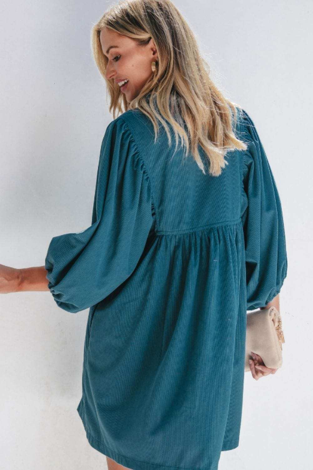 Corduroy Quarter Snap Three-Quarter Sleeve Dress - Trendsi - Flyclothing LLC