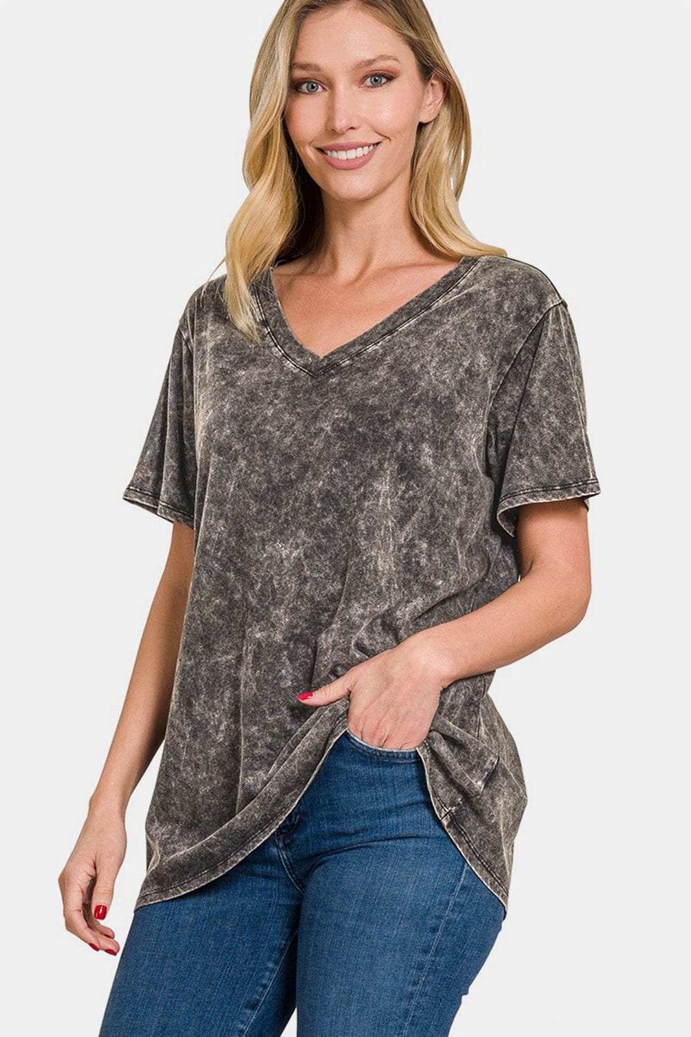 Zenana Full Size Washed Short Sleeve V-Neck T-Shirt - Trendsi - Flyclothing LLC