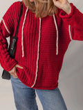 Contrast Trim Textured Knit Drawstring Hooded Sweater - Trendsi - Flyclothing LLC