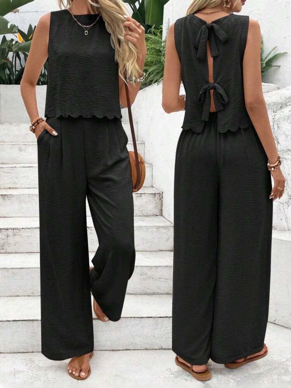 Tie Back Round Neck Top and Pants Set - Trendsi - Flyclothing LLC