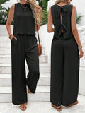 Tie Back Round Neck Top and Pants Set - Trendsi - Flyclothing LLC