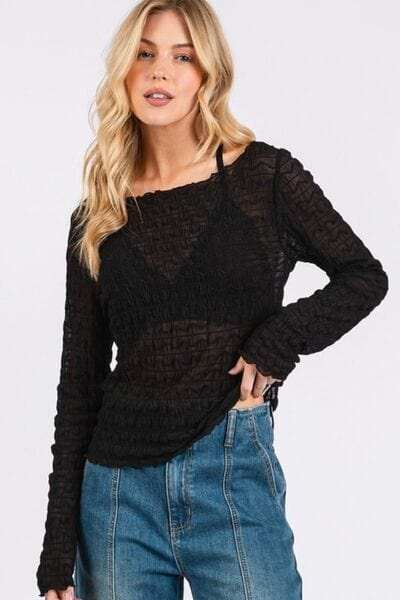 Mittoshop Lettuce Hem Boat Neck Long Sleeve Blouse - Trendsi - Flyclothing LLC