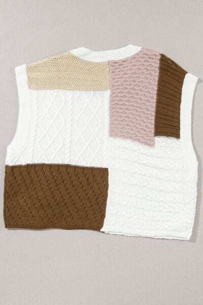 Cable-Knit Color Block Round Neck Sweater Vest - Trendsi - Flyclothing LLC