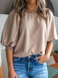 Round Neck Puff Half Sleeve Blouse - Trendsi - Flyclothing LLC