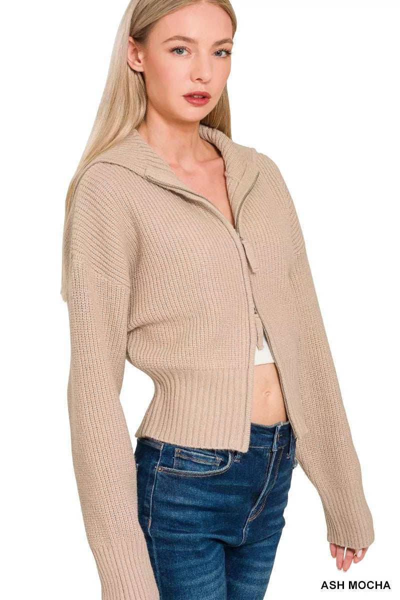 Zenana Ribbed Collared Zip Up Sweater Cardigan - Trendsi - Flyclothing LLC