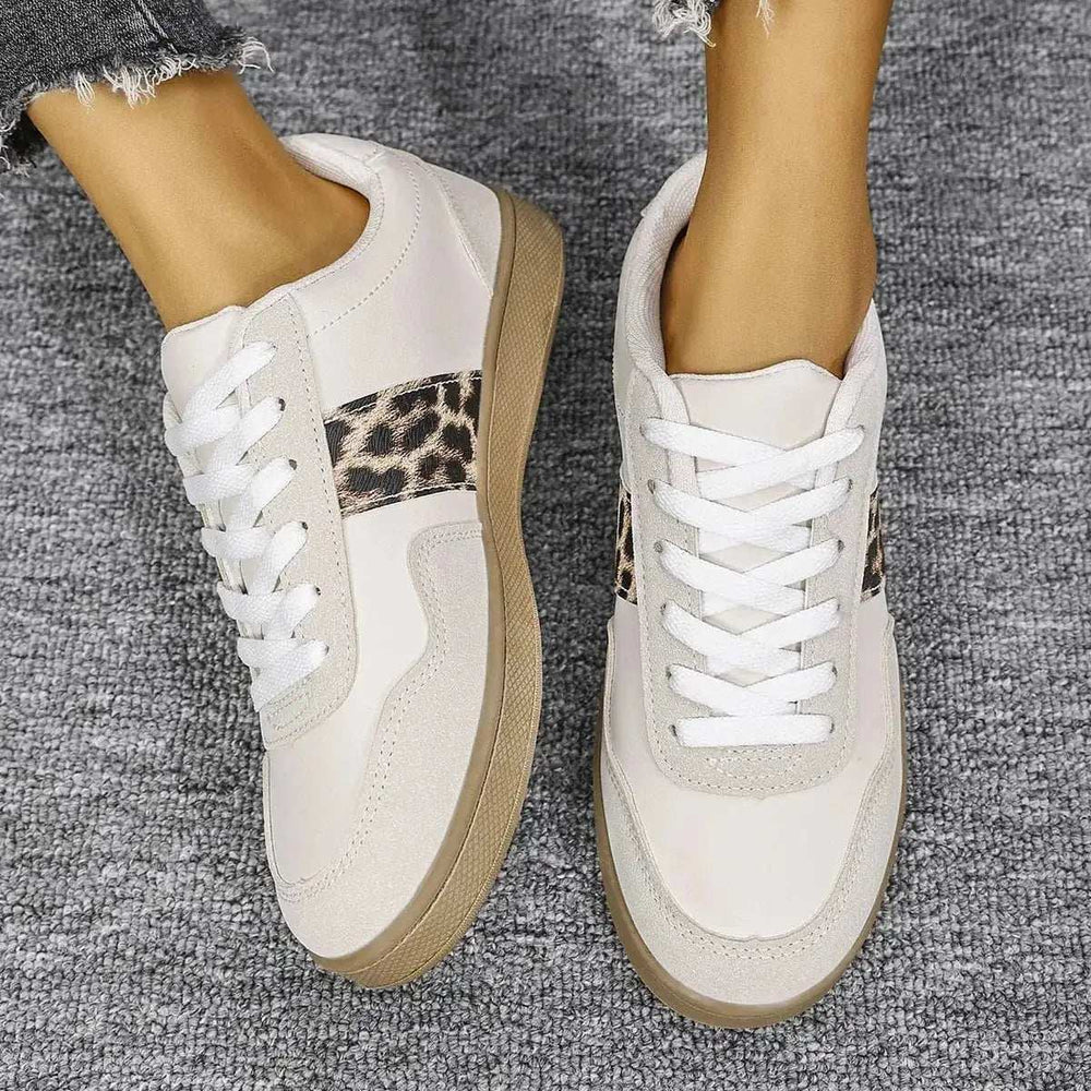 Leopard Lace Up Round Toe Sneakers - Trendsi - Flyclothing LLC