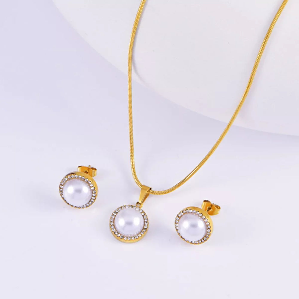 Synthetic Pearl 18K Gold-Plated Rhinestone Necklace and Earrings Jewelry Set - Trendsi - Flyclothing LLC
