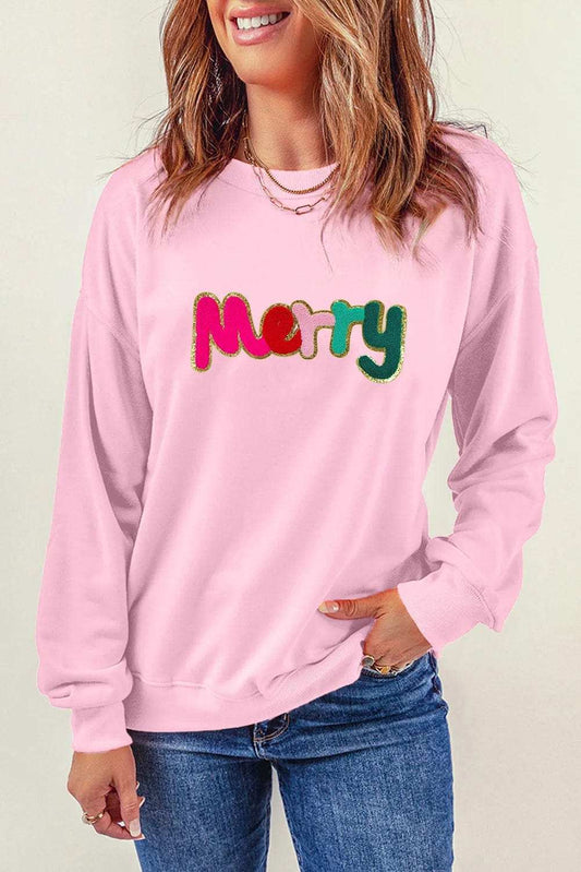 MERRY Round Neck Long Sleeve Sweatshirt - Trendsi - Flyclothing LLC