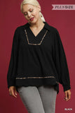Umgee Full Size Linen Scallop Hem Blouse with Contrast Trim Plus Size - Trendsi - Flyclothing LLC