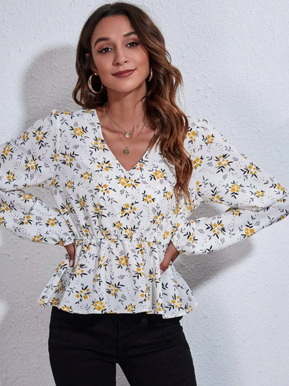 Ruched Printed V-Neck Long Sleeve Blouse - Trendsi - Flyclothing LLC