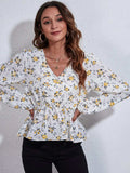 Ruched Printed V-Neck Long Sleeve Blouse - Trendsi - Flyclothing LLC