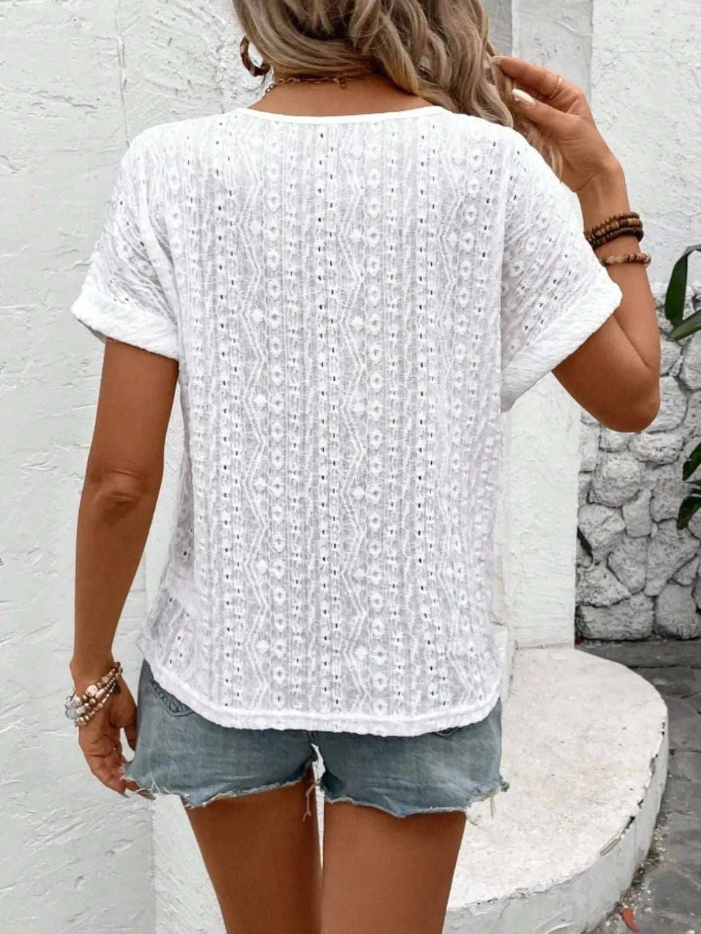 Eyelet Round Neck Short Sleeve Top - Trendsi - Flyclothing LLC
