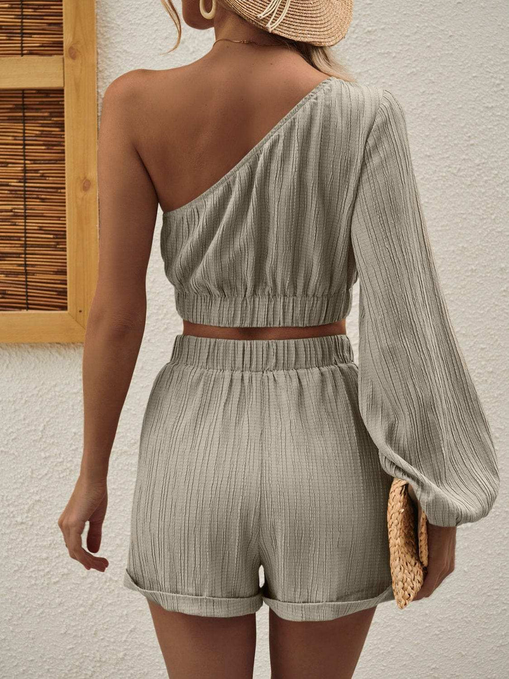 One Shoulder Long Sleeve Top and Shorts Set - Trendsi - Flyclothing LLC