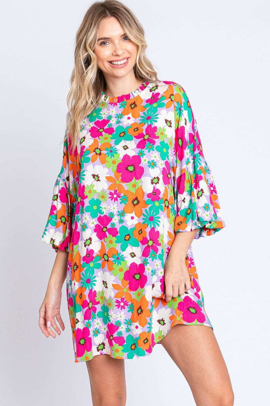 GeeGee Full Size Floral Round Neck Lantern Sleeve Mini Dress - Trendsi - Flyclothing LLC