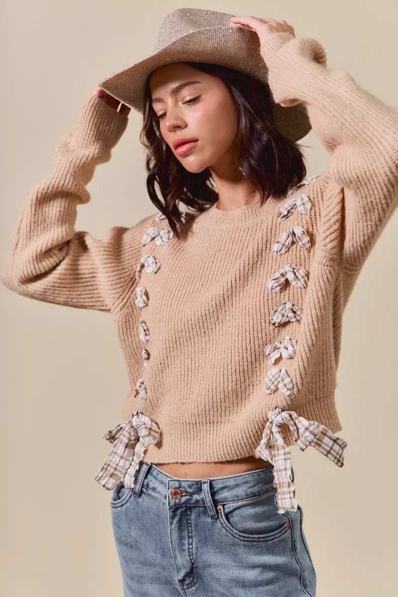 SO ME Checkered Plaid Tape Lace Up Ribbed Sweater - Trendsi - Flyclothing LLC