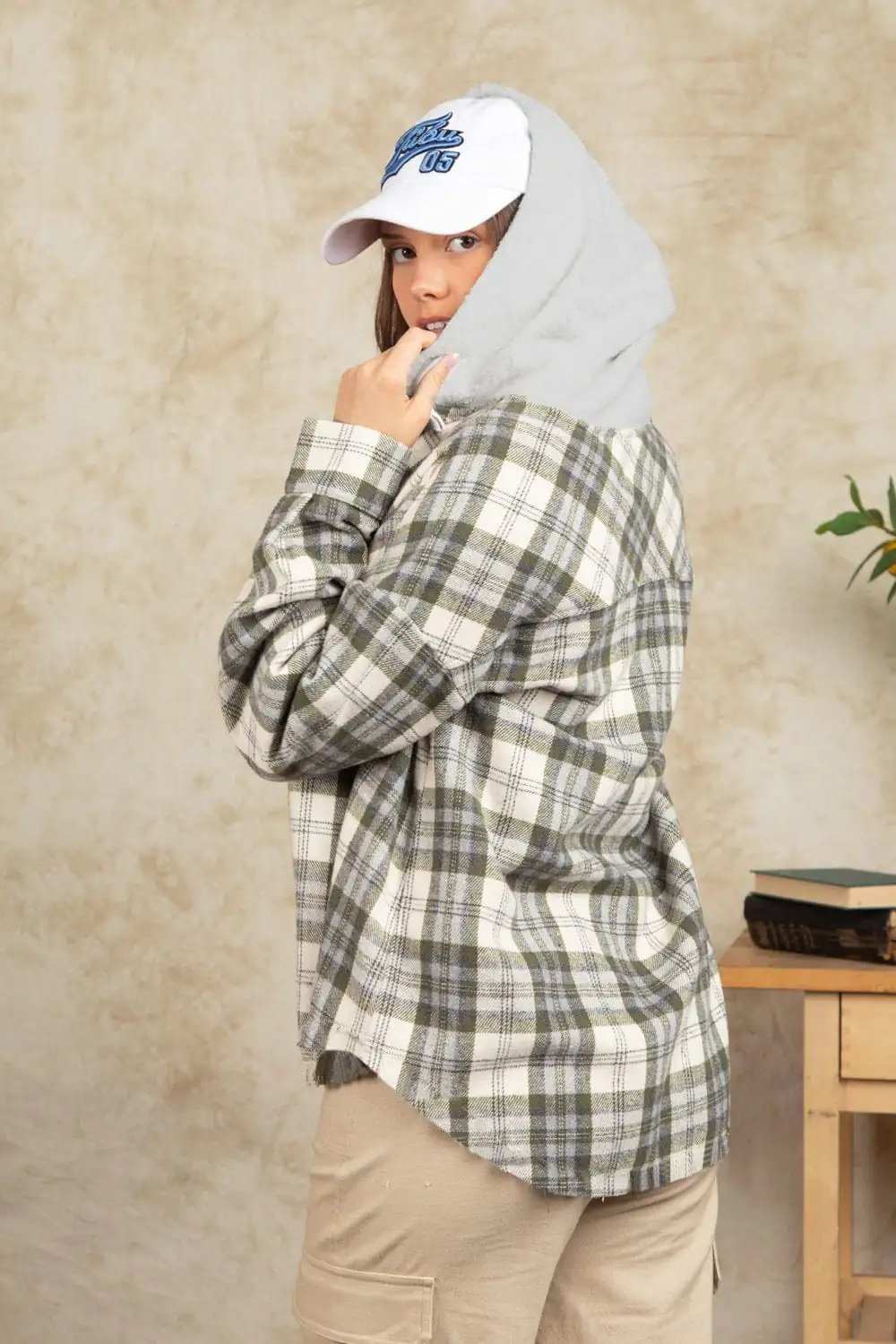 Drawstring Plaid Long Sleeve Hooded Jacket - Trendsi - Flyclothing LLC
