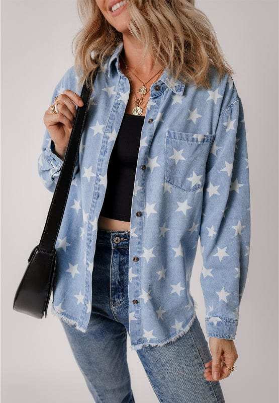 Raw Hem Star Collared Neck Denim Top - Trendsi - Flyclothing LLC