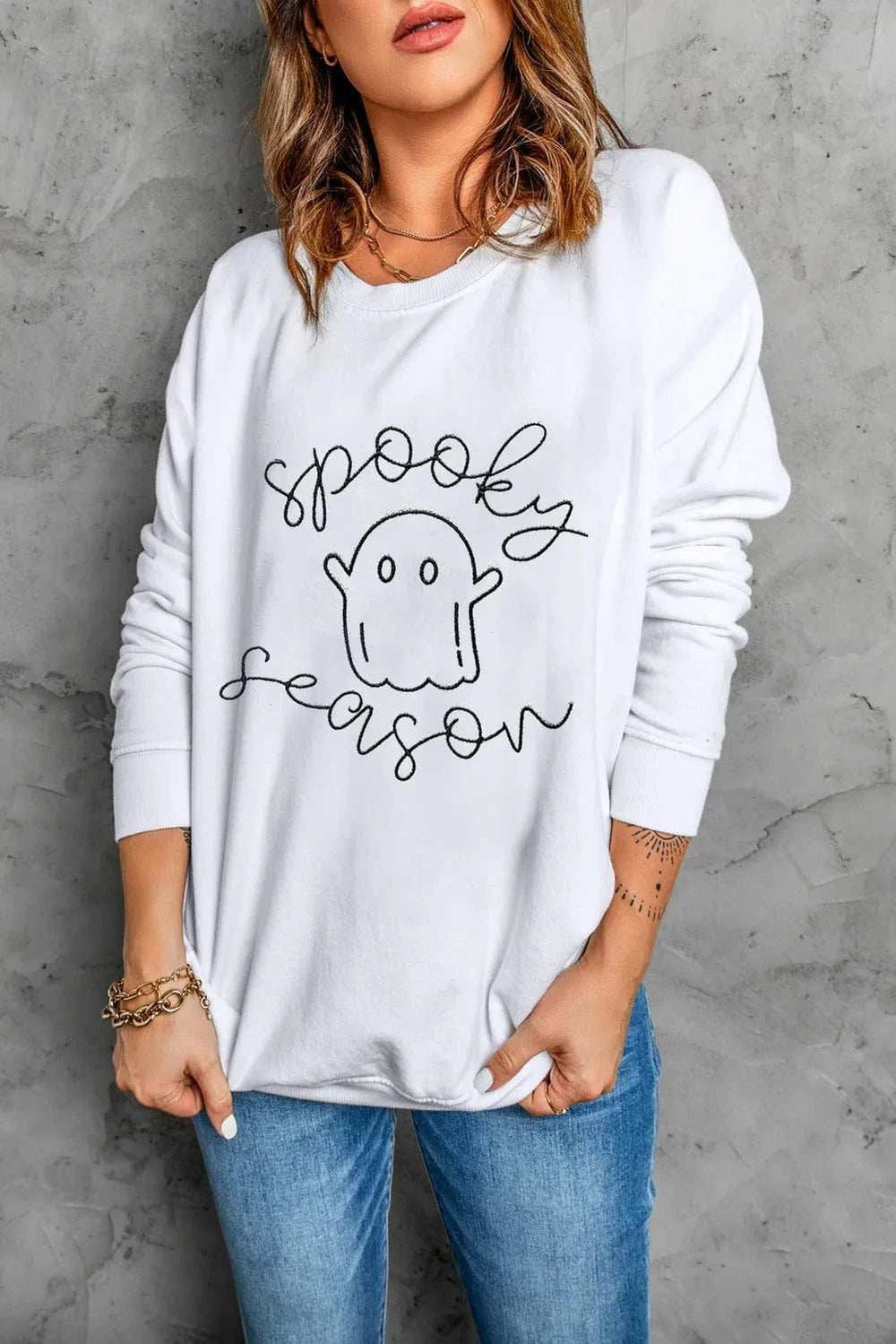 Ghost Graphic Long Sleeve Dropped Shoulder Sweatshirt - Trendsi - Flyclothing LLC