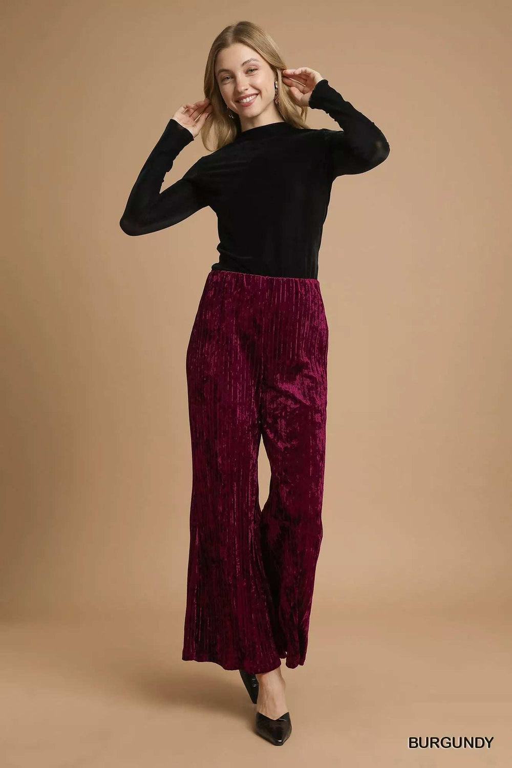 Umgee Velvet Pleated Wide Leg Pants - Trendsi - Flyclothing LLC