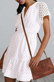 Eyelet Notched Short Sleeve Mini Dress - Trendsi - Flyclothing LLC