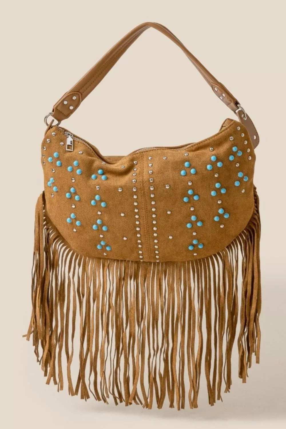 Fame Studded Pattern Multi Fringe Hobo Shoulder Bag - Trendsi - Flyclothing LLC