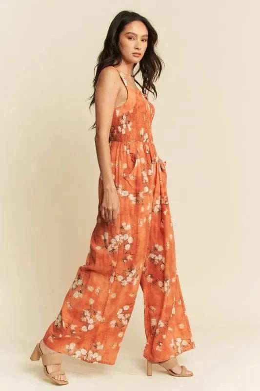 Davi & Dani Floral Ruffle Square Neck Smocking Bodice Jumpsuit - Trendsi - Flyclothing LLC
