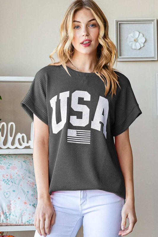 Heimish Full Size USA Graphic Short Sleeve Ribbed Top - Trendsi - Flyclothing LLC