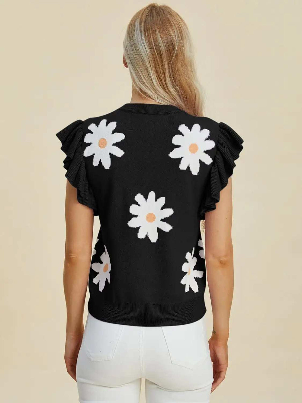 Double Take Full Size Ruffled Flower Round Neck Cap Sleeve Sweater - Trendsi - Flyclothing LLC