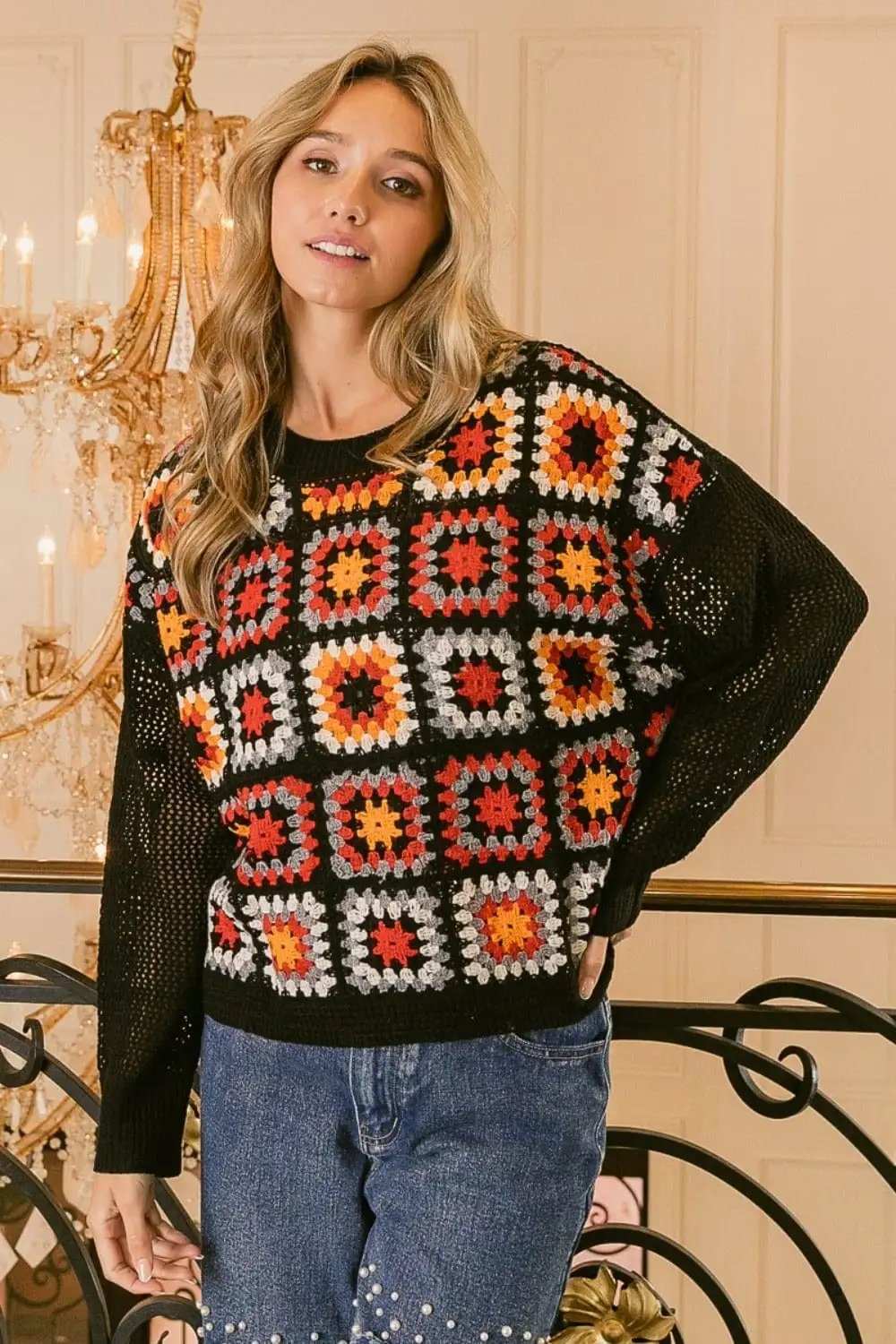 BiBi Granny Square Front Long Sleeve Top - Trendsi - Flyclothing LLC