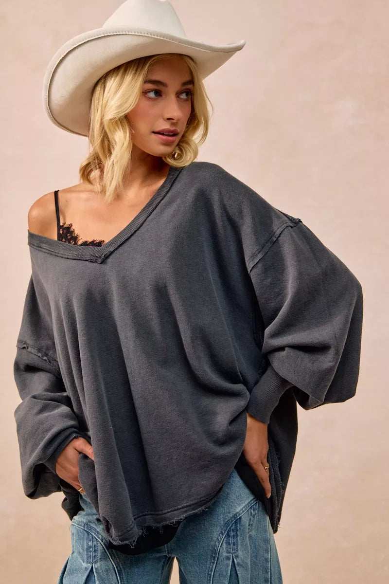 BiBi Mineral Washed French Terry Oversized Sweatshirt - Trendsi - Flyclothing LLC