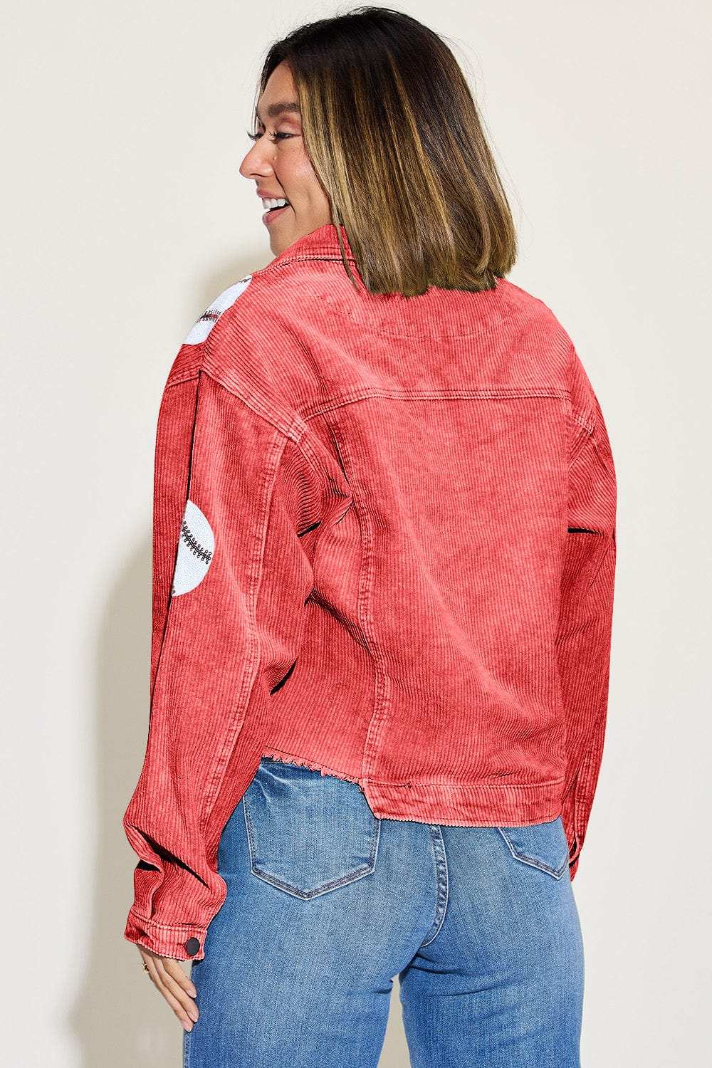 Baseball Sequin Dropped Shoulder Raw Hem Jacket - Trendsi - Flyclothing LLC