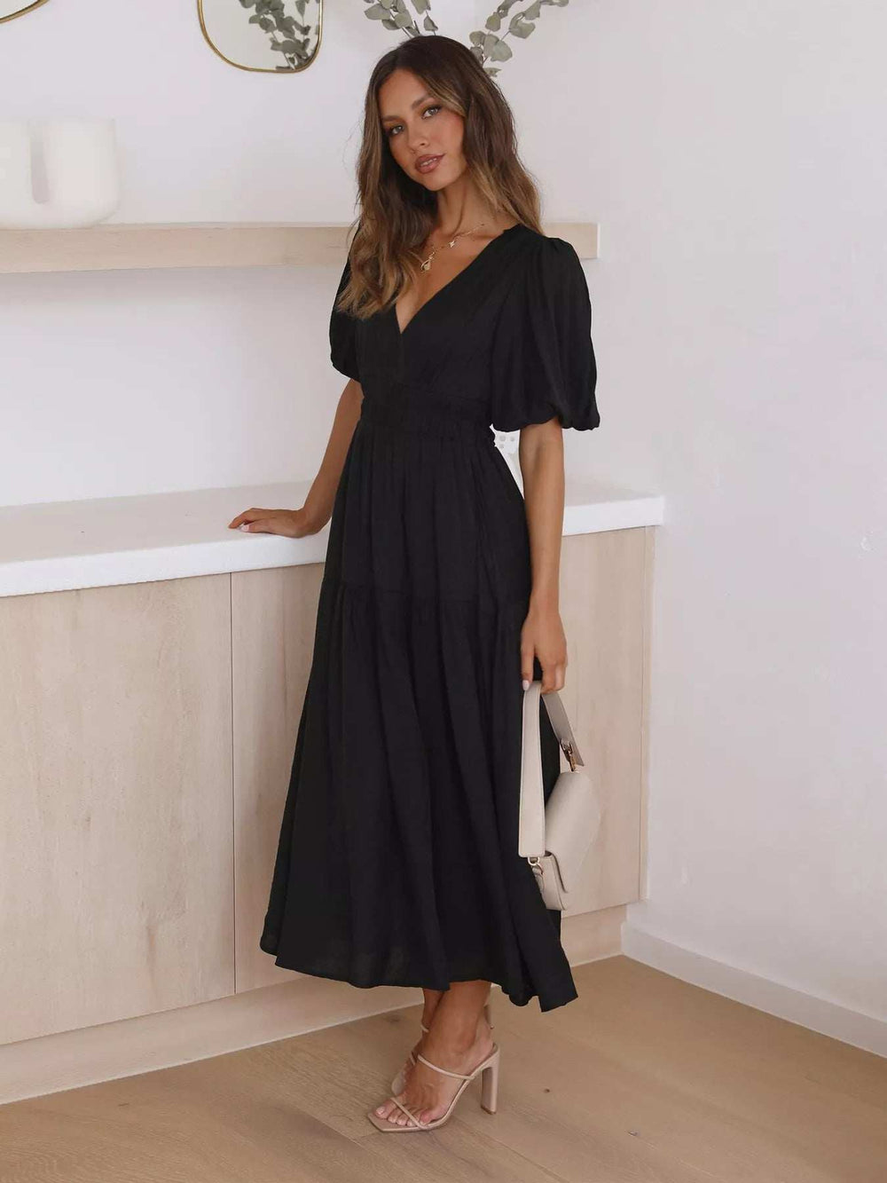 Tiered Puff Sleeve Midi Dress - Trendsi - Flyclothing LLC