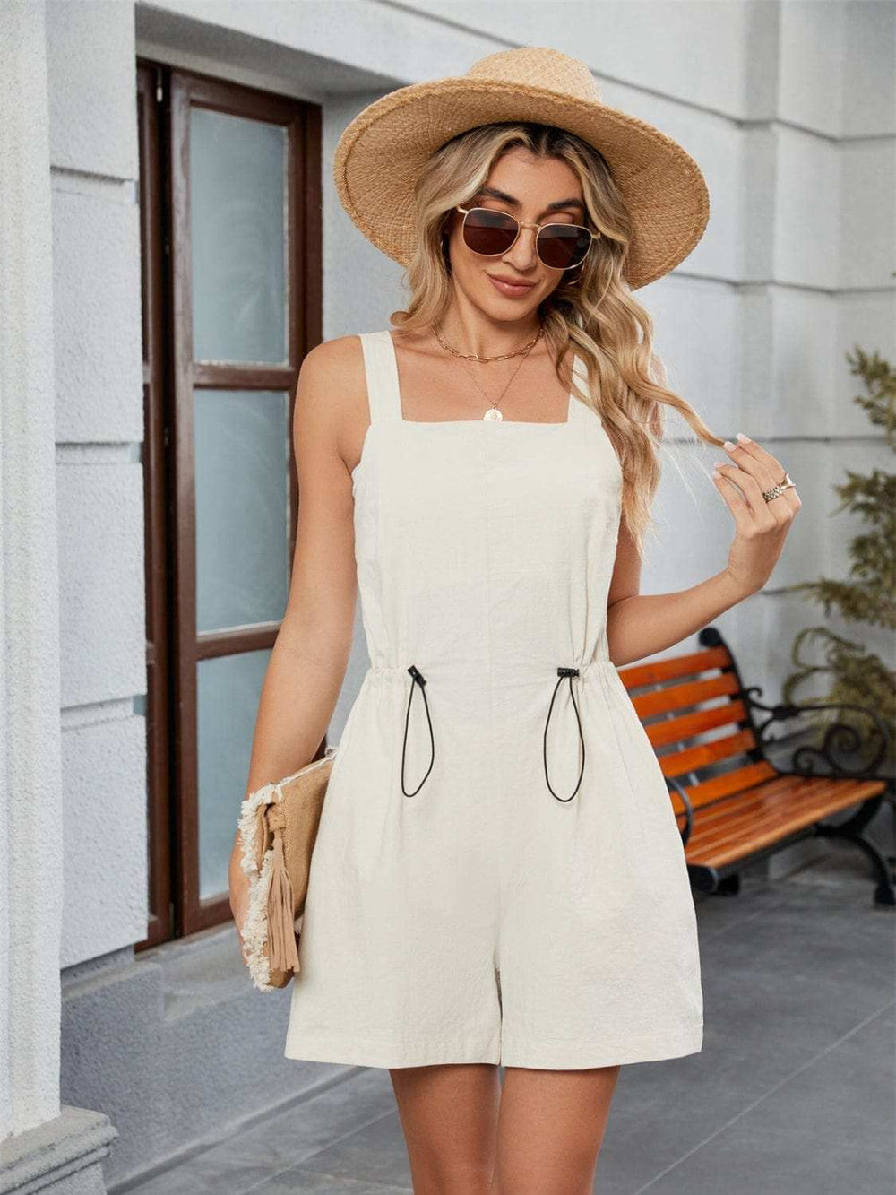 Drawstring Wide Strap Romper with Pockets - Trendsi - Flyclothing LLC