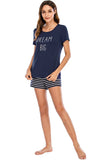 Graphic Round Neck Top and Striped Shorts Lounge Set - Trendsi - Flyclothing LLC