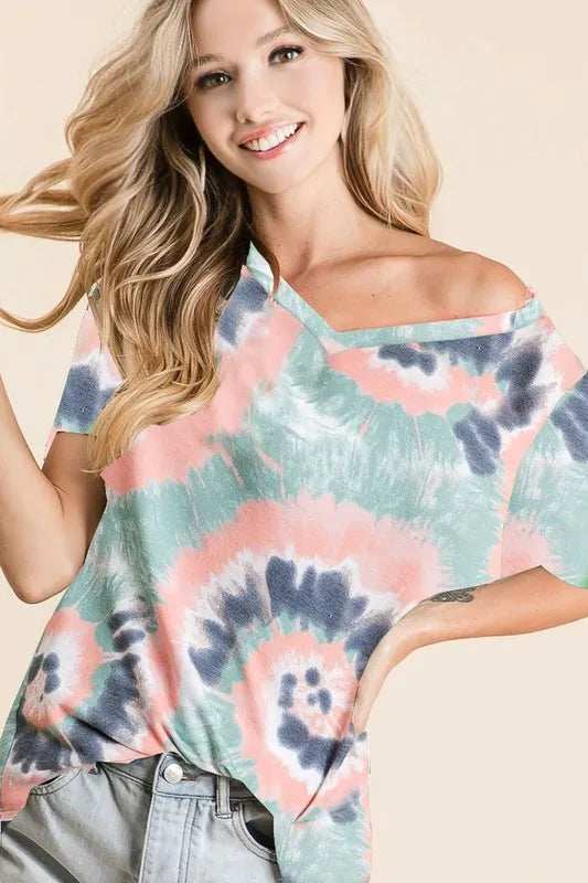 BiBi Tie Dye Print Terry V Neck Short Sleeve Top - Trendsi - Flyclothing LLC