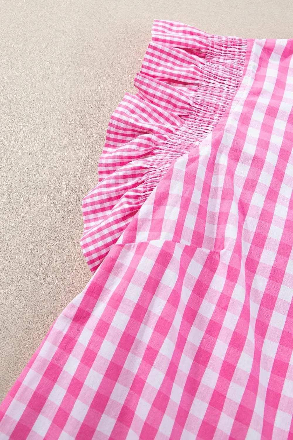 Ruffled Plaid Mock Neck Cap Sleeve Blouse - Trendsi - Flyclothing LLC