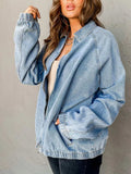 Elastic Edge Collared Zip Up Denim Jacket With Pocket - Trendsi - Flyclothing LLC