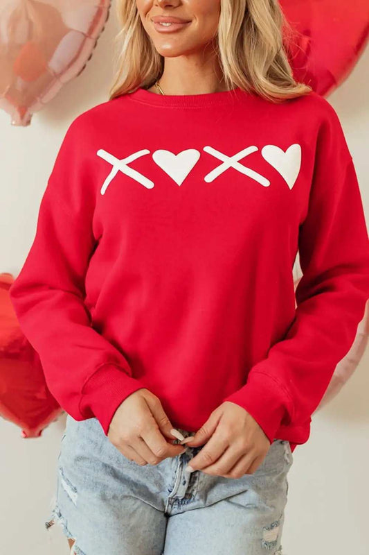 Valentine’s Day XOXO Round Neck Drop Shoulder Sweatshirt - Trendsi - Flyclothing LLC