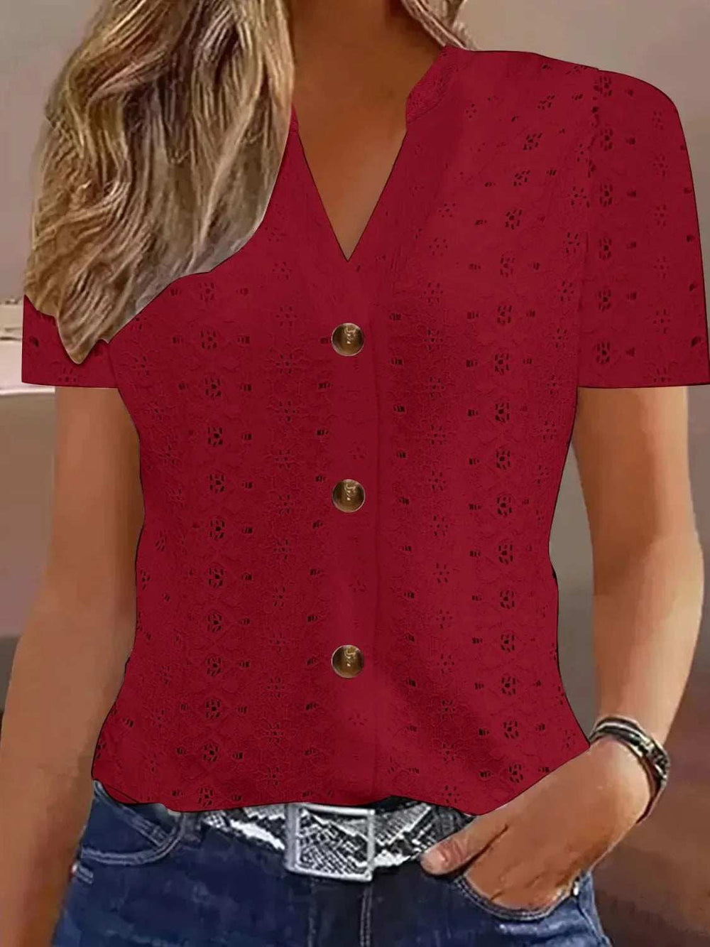 Openwork Notched Short Sleeve Top - Trendsi - Flyclothing LLC