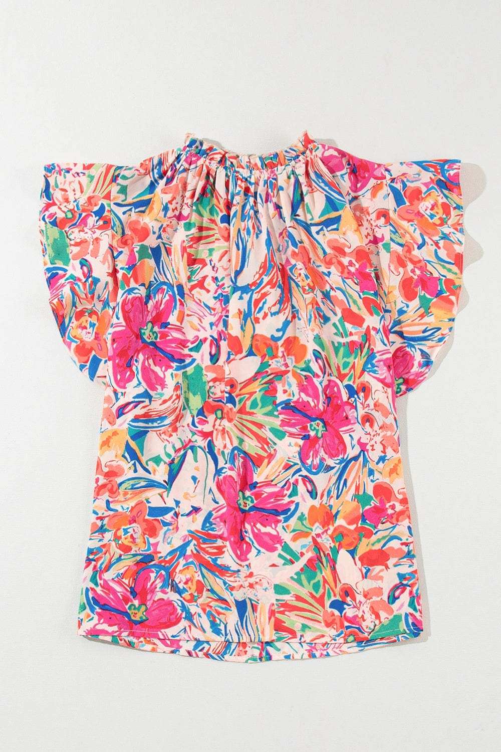 Ruffled Printed Tie Neck Cap Sleeve Blouse - Trendsi - Flyclothing LLC