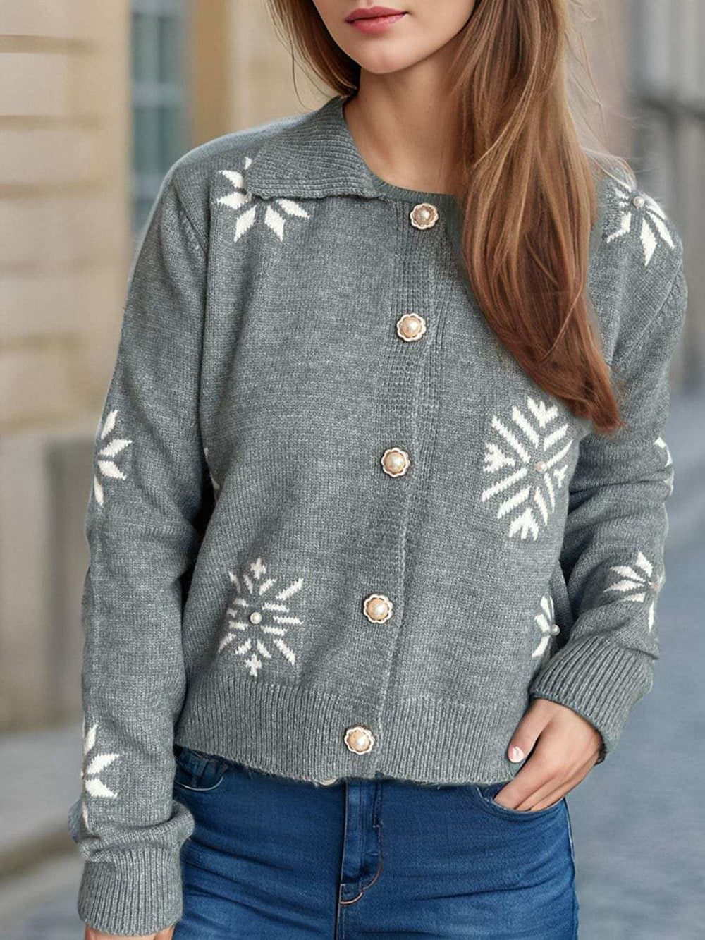 Pearl Trim Collared Neck Long Sleeve Cardigan - Trendsi - Flyclothing LLC